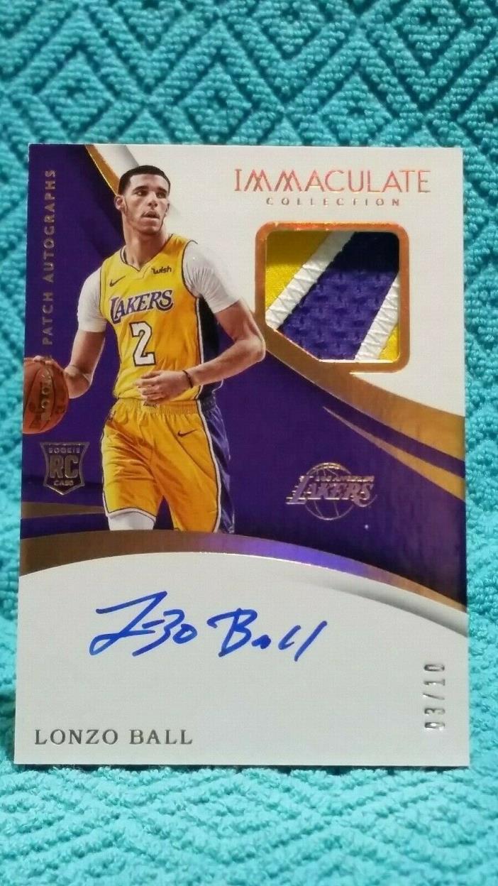 Lakers 2017-18 Panini Immaculate Rookie Lonzo Ball Patch Autograph 3/10