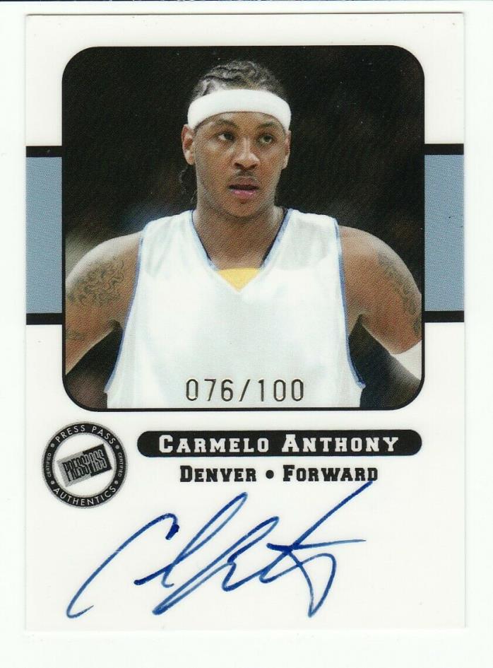 CARMELO ANTHONY 2005 PRESS PASS ON CARD AUTO AUTOGRAPH #76/100 NUGGETS *DAMAGED*