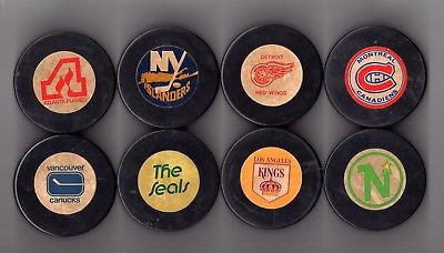 Scarce NHL Biltrite Puck Set of 8 Made In Czechoslovakia Canadiens Seals Flames
