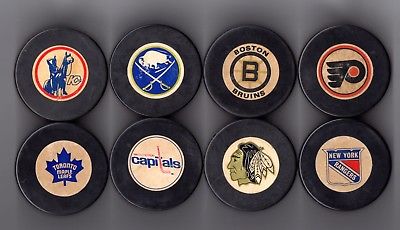 Scarce NHL Biltrite Puck Set of 8 Made In Canada Leafs Scouts Flyers Bruins