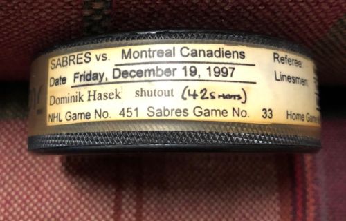 RARE Vintage Buffalo Sabres Game Used Hockey Puck 1997 Domink Hasek Shutout