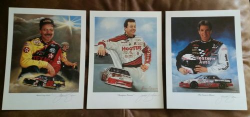 vintage NASCAR artist Jeanne Barnes signed 3 prints Waltrip kulwicki irvan etc