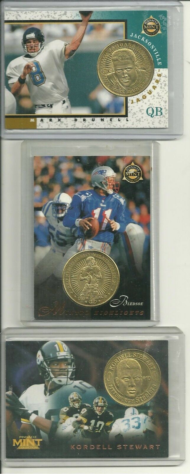 THREE 1990's Pinnacle Mint Star QB Cards with BRASS COINS INSERTED