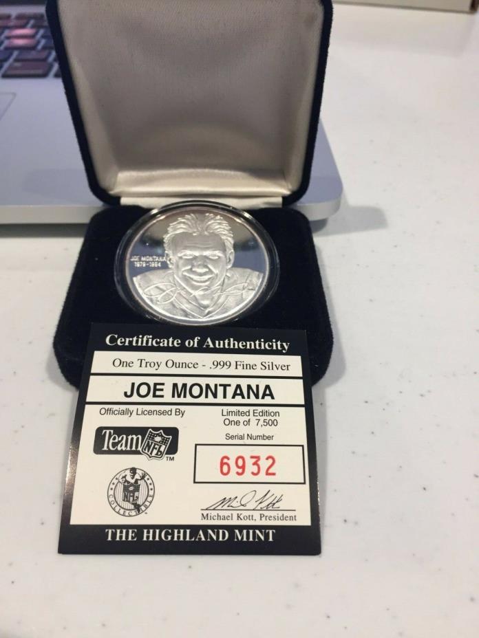 JOE MONTANA 1 OZ solid silver coin by the HIGHLAND MINT