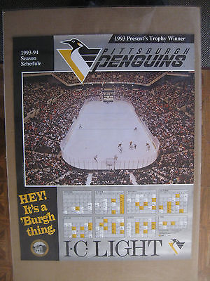 Vintage 1993-94 Pittsburgh Penguins Schedule Poster I. C. Light EXMT NICE