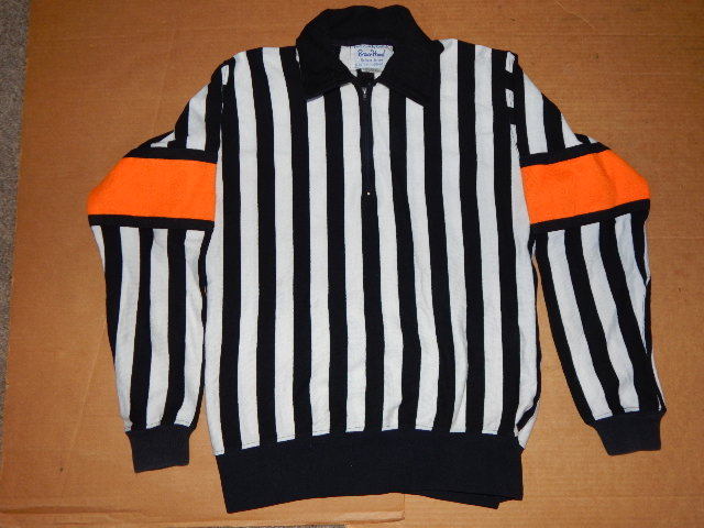 Vintage Bruce Hood Hockey Referee Jersey 44 Black/White & Orange Armband-RARE