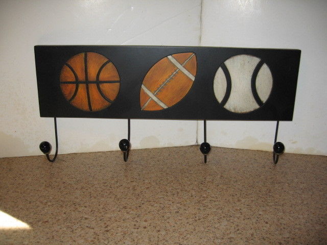 HOBBY LOBBY SPORTS WALL  DÉCOR Sport jacket, book bags, coat rack -4 hooks VGUC