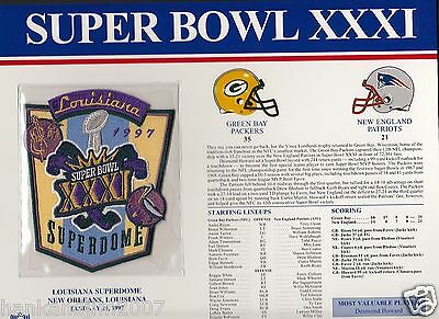 Super Bowl 31 Packers vs Patriots Commemorative Patch card 9x12 Sealed MIB