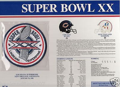 Super Bowl 20 Bears vs Patriots Commemorative Patch card 9x12 Sealed MIB