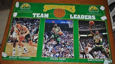RARE SEATTLE SUPERSONICS TEAM LEADERS POSTER 1994 GARY PAYTON, SHAWN KEMP, D.S.
