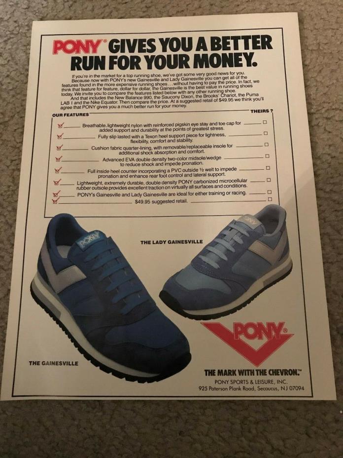 Vintage 1984 PONY GAINESVILLE Running Shoes Poster Print Ad MEN & LADY 80s RARE