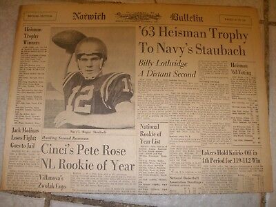 November 1963 Norwich Bulletin Sports - Staubach wins Heisman; Rose Wins NL ROY