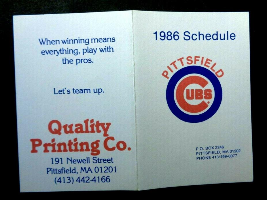 1986 Pittsfield MA Cubs Baseball Schedule, Chicago Affiliate, Eastern League