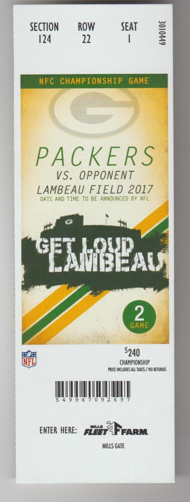 GREEN BAY PACKERS VS OPPONENT AT LAMBEAU NFC CHAMPIONSHIP GAME TICKET 2017