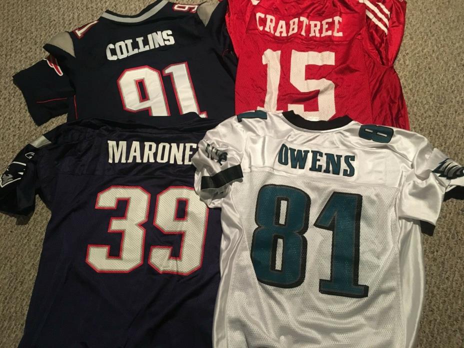 LOT OF 4 NFL JERSEYS NEW ENGLAND PATRIOTS EAGLES FORTY NINERS