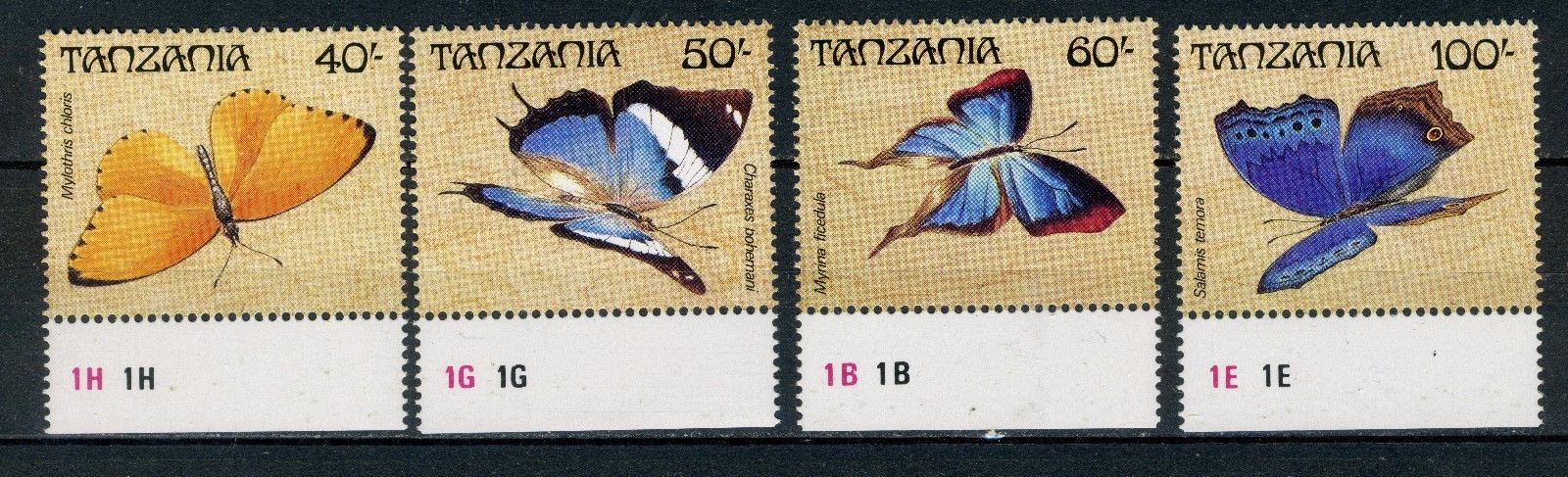 Tanzania Stamps: 1988 Butterflies; SC#448-50 & 453; MNH &OG CV=$8.0