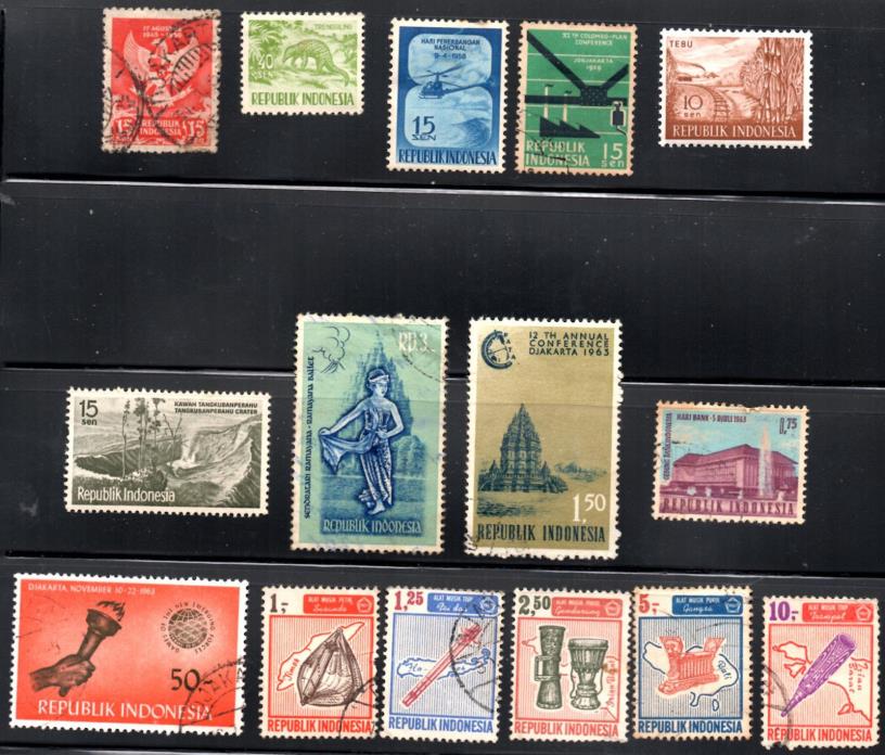 stamps INDONESIA A50 A63 A67 A74 A76 A79 A84 A89 A95 A97 A110(5) SET LOT