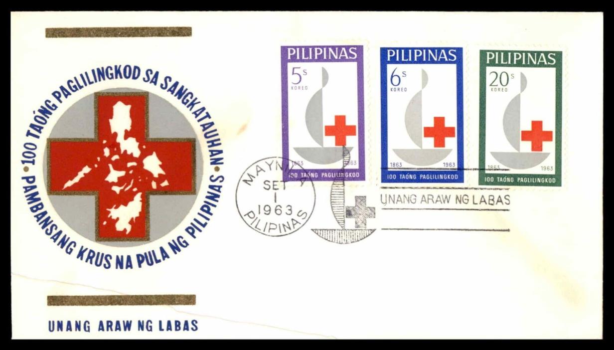 PHILIPPINES RED CROSS SET OF 3 1963 UNSEALED FDC