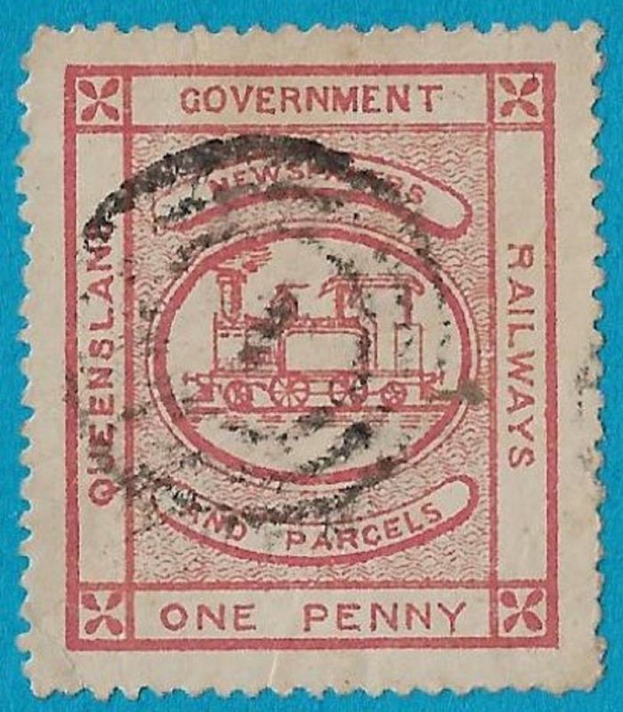 + 1892 Queensland Australia 1p Railways Train Choo Choo for Newspapers Parcels