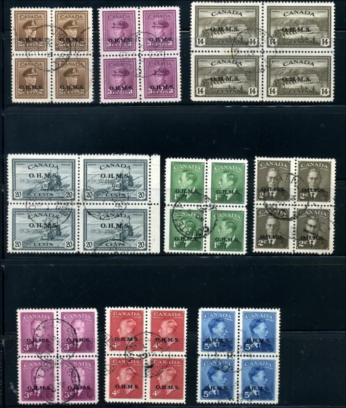 Canada #O2/O15A used F-VF to XF 1949-1950 King George V OHMS Overprint BLKS of 4