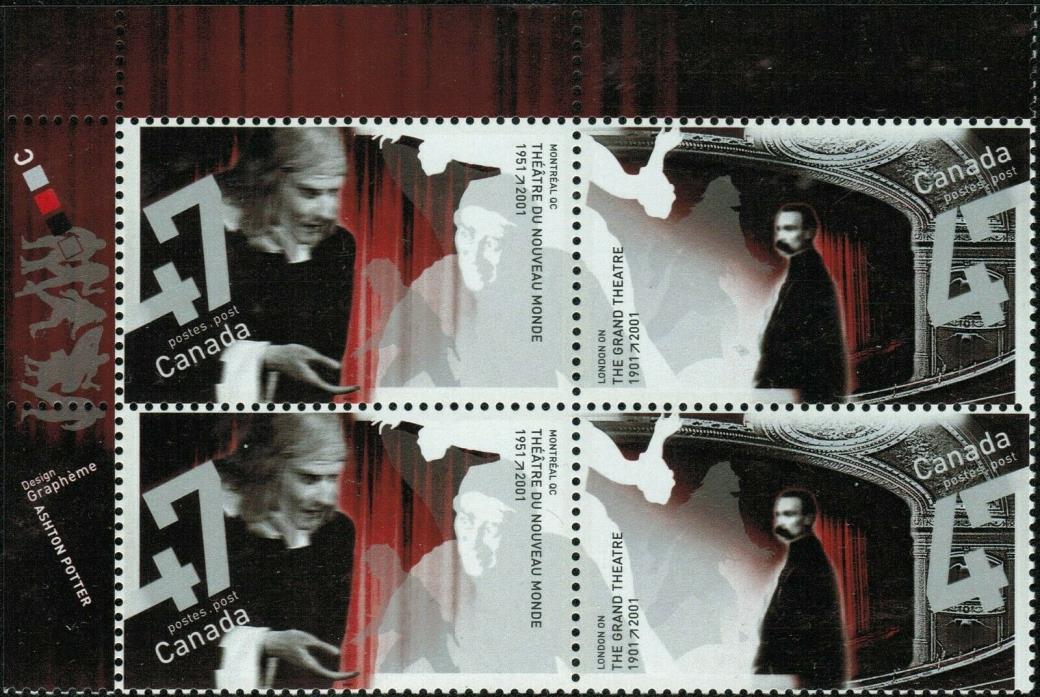 Canada Sc#1920a Theatres: London and Montréal, UL Imprint Block, Mint-NH