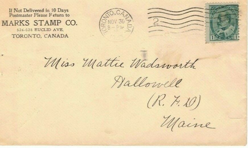 Canada King EdwardVII cover Marks Stamp CompanyToronto to Mattie Wadsworth Maine