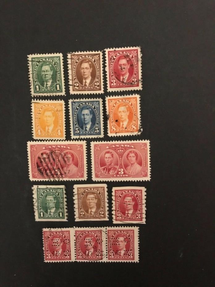 Canada postage stamps 14 King George Vl with 3 OHMS PERFINS                Ja