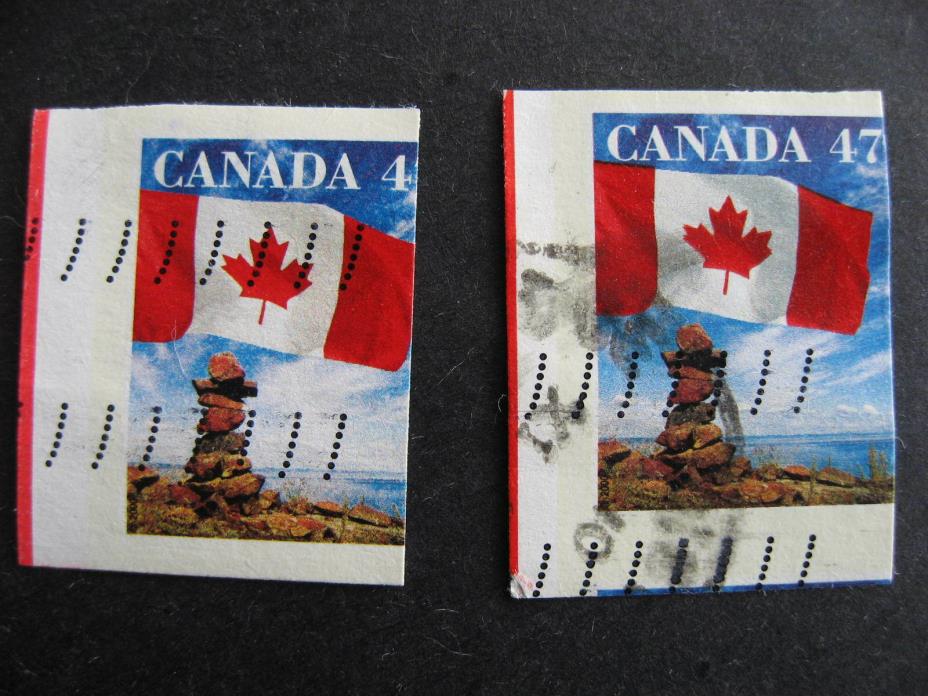 Canada Sc 1700 2 used miscut die cut errors, shows margin colour! See pictures!