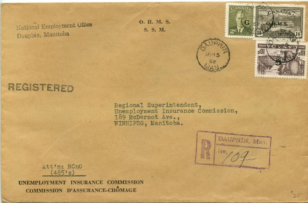 G & OHMS overprint Registered 1952 Government Canada cover