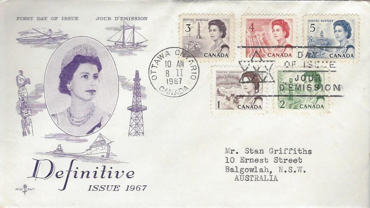 1967 Centennial Definitives #454-8 FDC with Rose Craft cachet