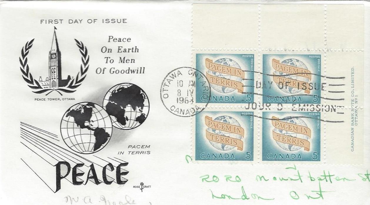 1964 #416 World Peace UR PL BLK FDC with Rose Craft cachet