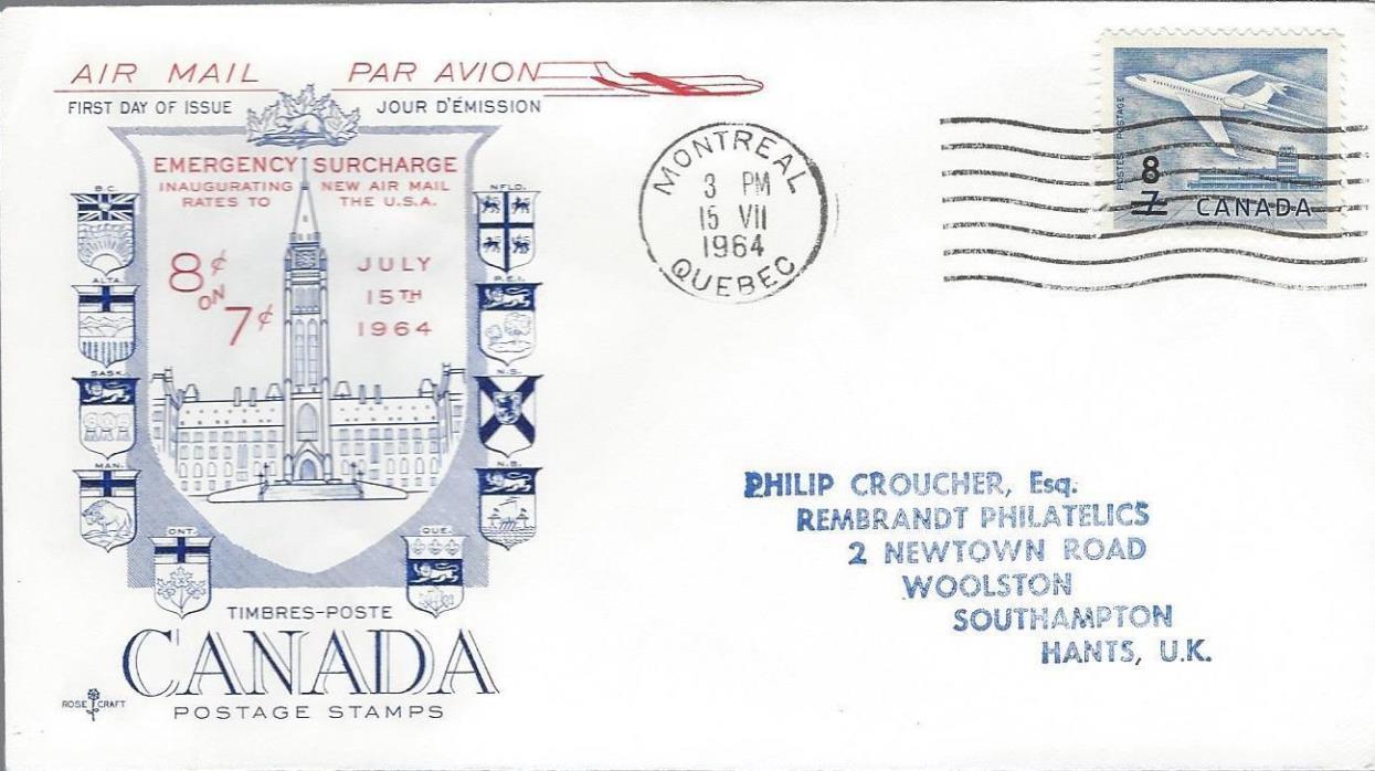 1964 #430 Jet Surcharge FDC with Rose Craft cachet addressed to UK