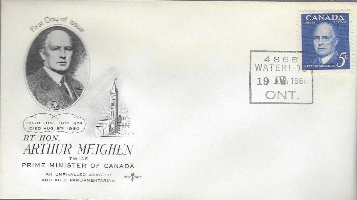 1961 #393 Rt Hon Arthur Meighen FDC with Rose Craft cachet unaddressMOON cancel