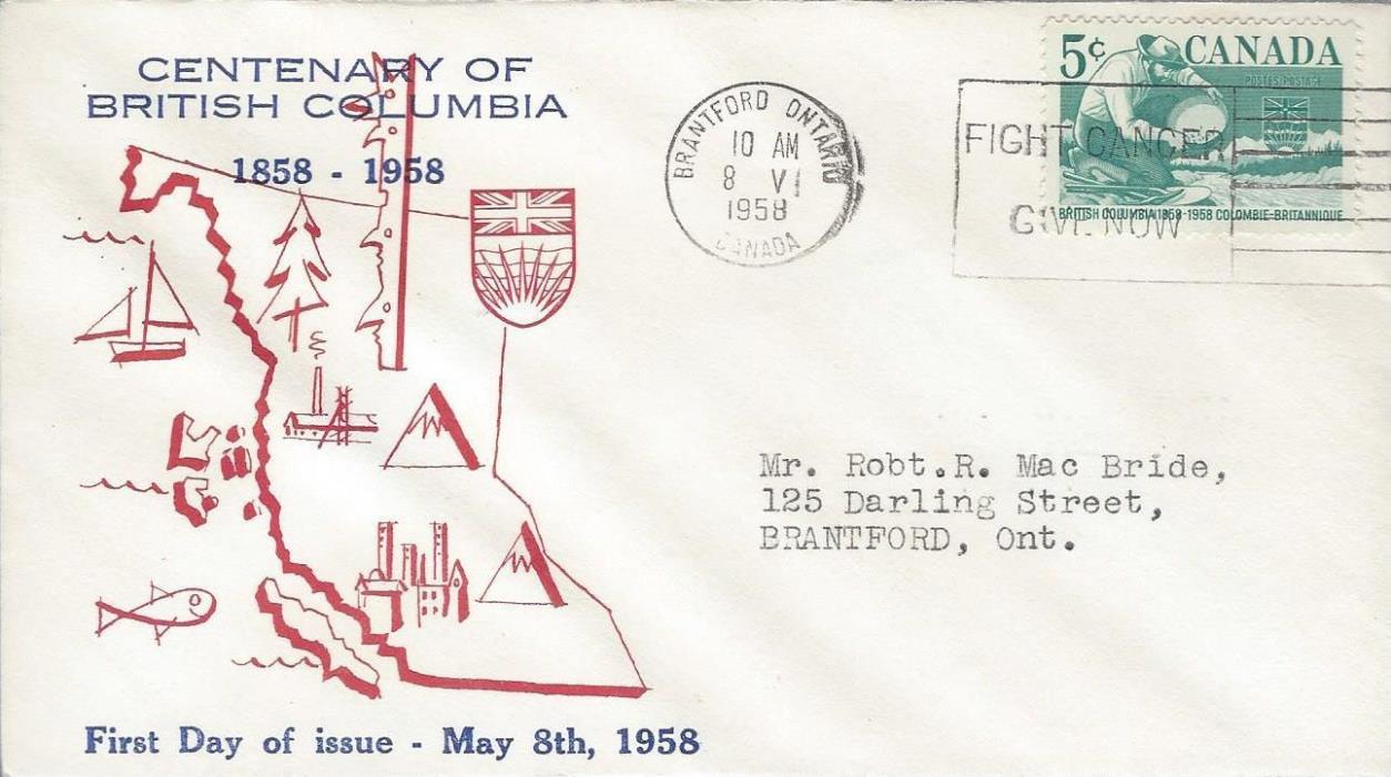 1958 #377 British Columbia Centennial FDC with unusual cachet