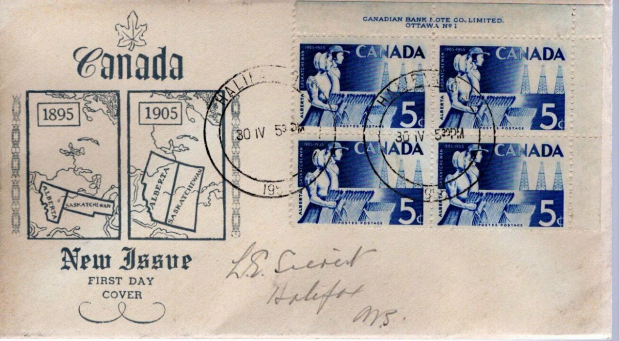 1955 #355 Alberta/Saskatchewan 50th Ann UR PL BLK FDC with Fluck cachet