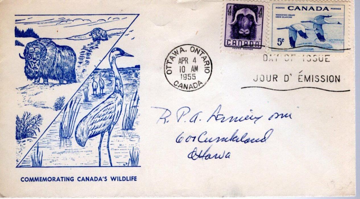 1955 #352-3 Musk Ox/Whooping Crane FDC with Ottawa Stamp Shop cachet & insert