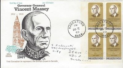1969 #491 Vincent Massey LL Corner BLK FDC with Cole cachet