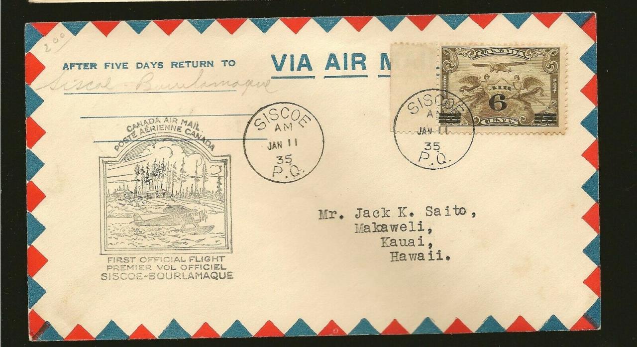 Canada C3 on 1935 Siscoe PQ - Bourlamaque PQ First Flight Cover