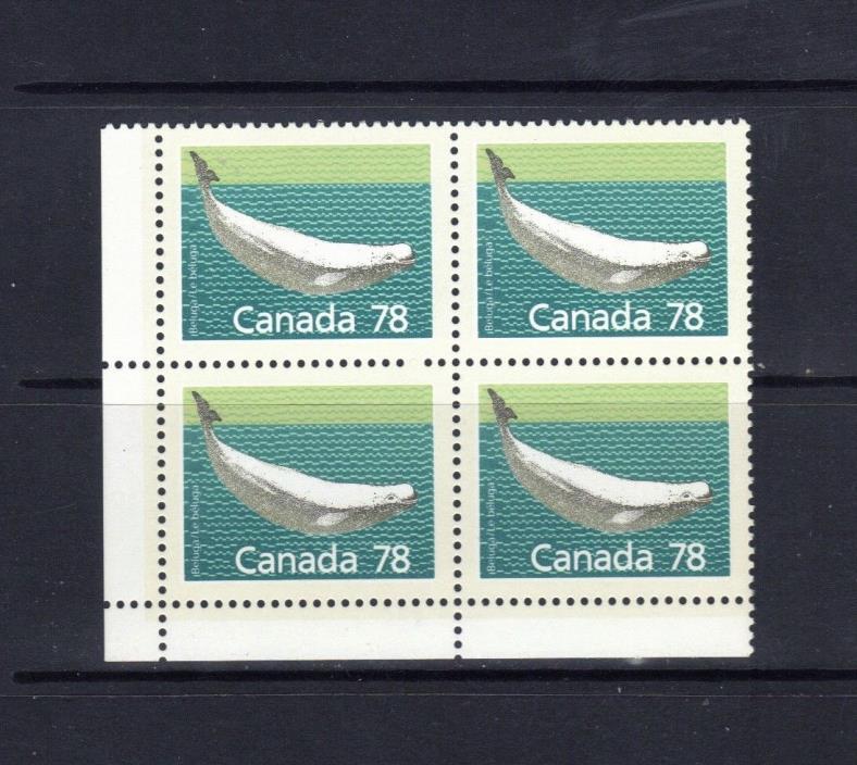 CANADA - 1990 BELUGA WHALE RARE PERF 13.1 - LL PLATE BLOCK - SCOTT 1179b - MNH