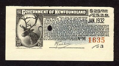1932 NEWFOUNDLAND Caribou $25.00 Bond Payable in USA Gold Coin or 5p/2sh/9P