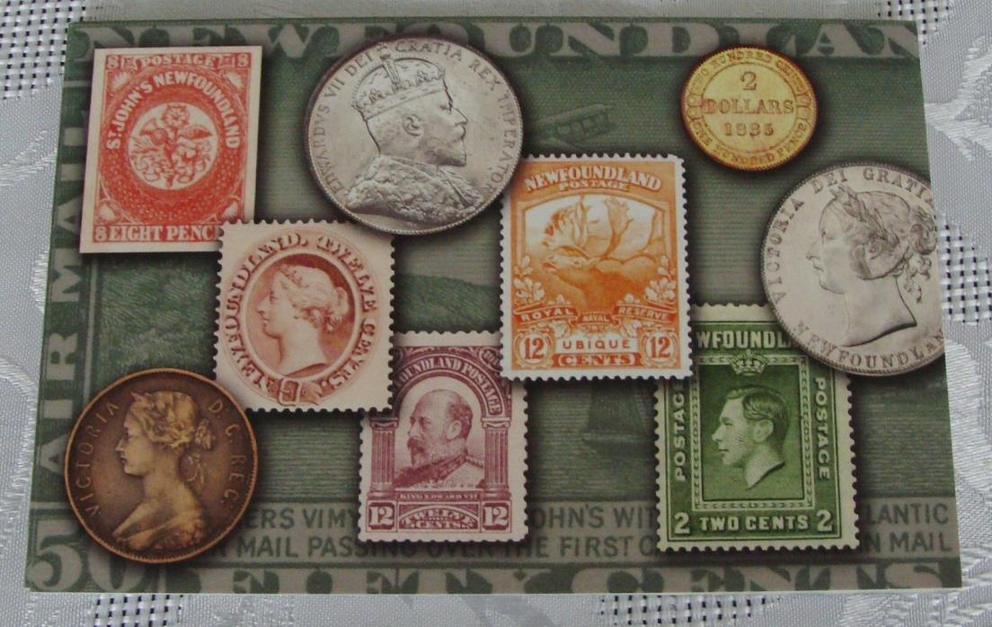 NEWFOUNDLAND COIN AND STAMP POSTCARD VERY COLORFUL MINT CONDITION