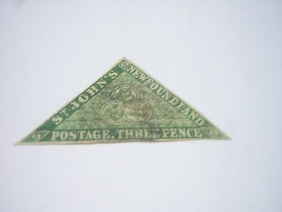 NewFoundland-Scott#11A--3p-green triangle -imperf-w/o mesh--cv$105