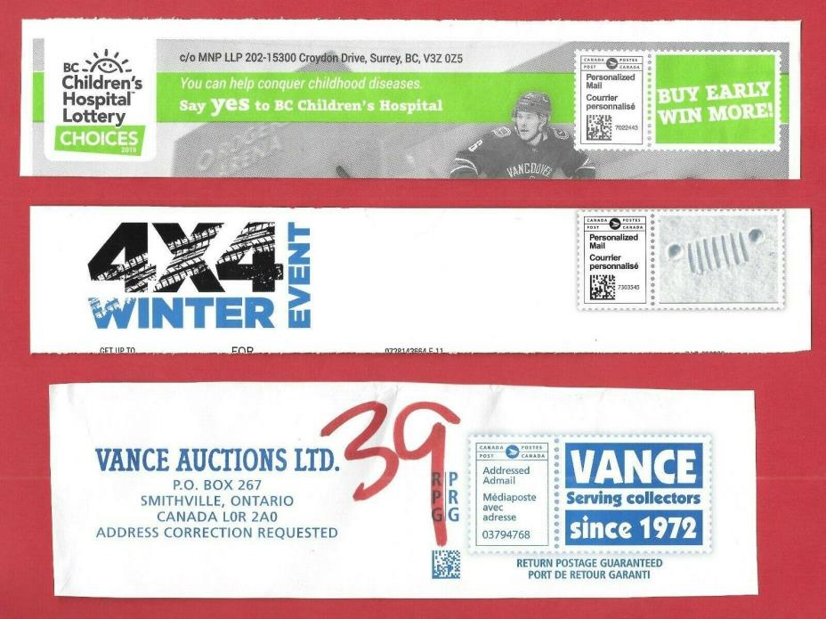 PERSONALIZED MAIL CANADA POST LOT OF 3 PRINTED STAMPS