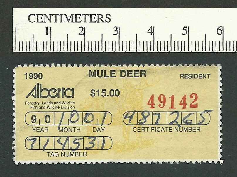 99-50 CANADA Alberta Hunting stamp AW859 1990 Mule Deer Used