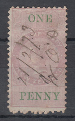New Zealand Stamp Duty 1d; green ONE PENNY O/P; Fiscal; Fair Used;see both scans