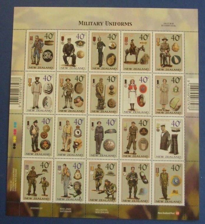 NEW ZEALAND STAMP SHEET of 20 MILITARY UNIFORMS 2003 MNH