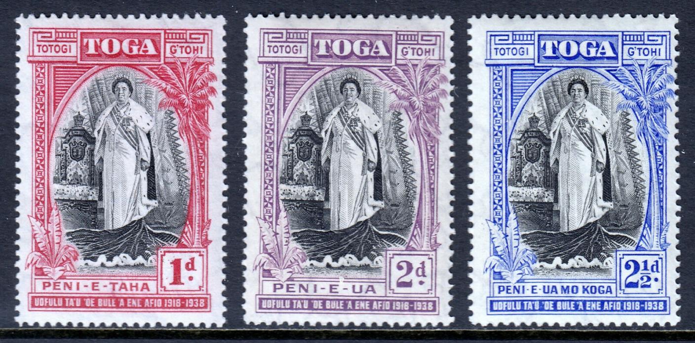 TONGA — SCOTT 70-72 (SG 71-73) — 1938 QUEEN SALOTE SET — MH — SCV $16.65