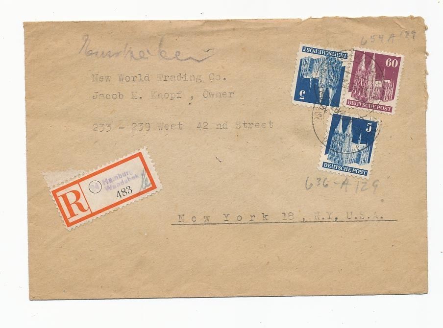 34 - GERMANY 1948 Registered Cover To New York, Mailed To The New World Trading