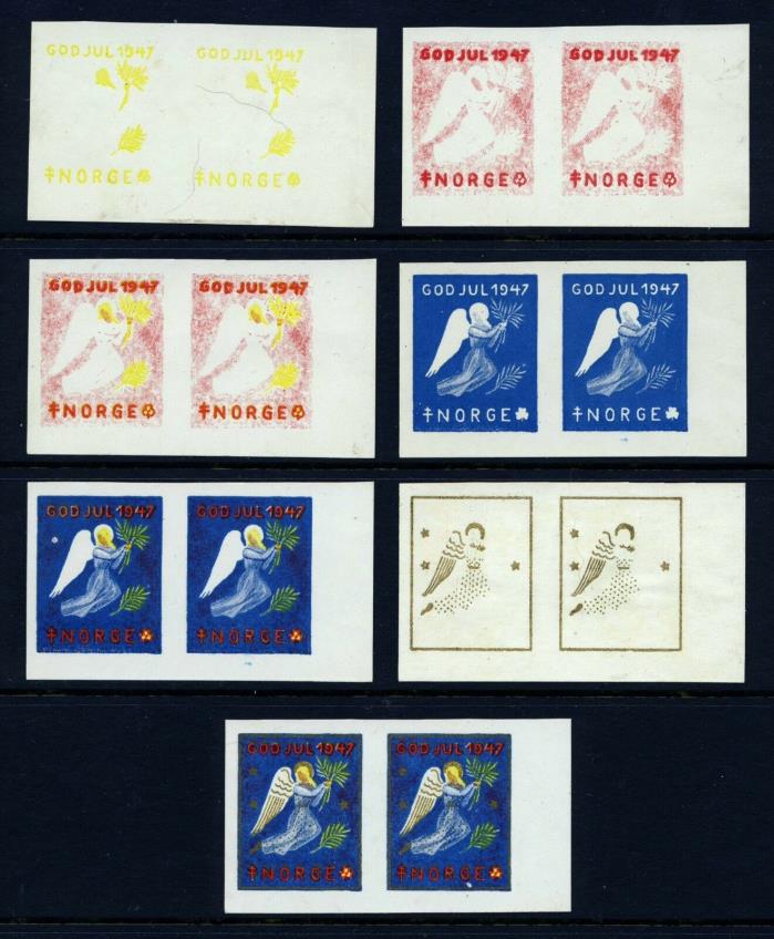 NORWAY 1947 Christmas Seal - 7 progressive proof pairs - Mint Never Hinged