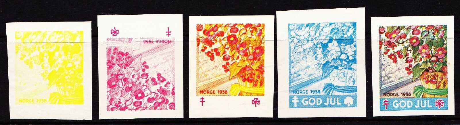 NORWAY 1938 Christmas Seal - 5 progressive proof singles - Mint Hinged